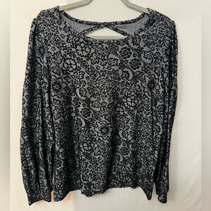 LOFT Black and Gray Floral Long Sleeve Top Large